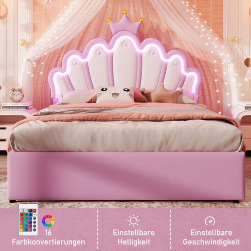 Lit Double 140x200 Cm - Lit Enfant Avec 2 Rangements - Pu + Mdf - Rose