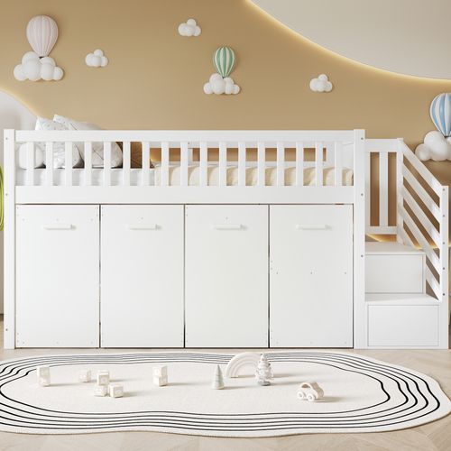 Lit Mezzanine Enfant 90x200 Cm, Bureau, Armoire, Escalier Rangement, Barrière, Pin + Mdf, Blanc