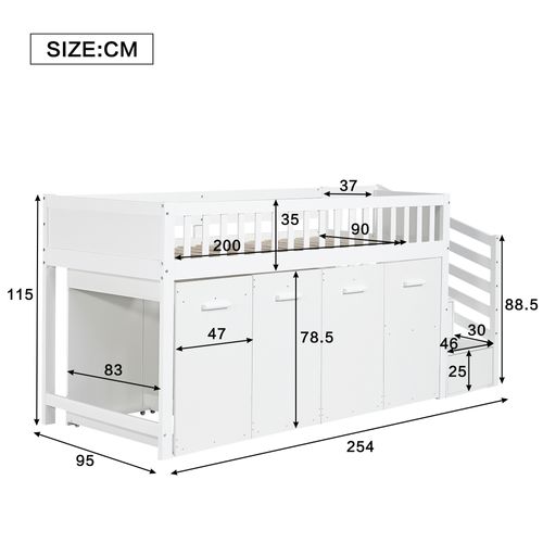 Lit Mezzanine Enfant 90x200 Cm, Bureau, Armoire, Escalier Rangement, Barrière, Pin + Mdf, Blanc