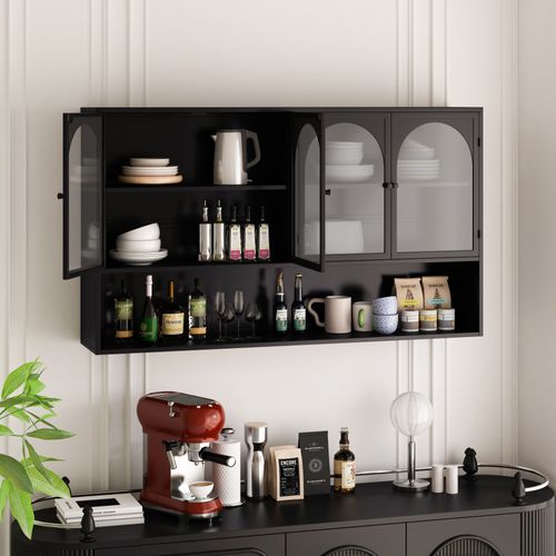 Armoire Murale 4 Portes En Verre Et Métal - Buffet Suspendu Moderne Pour Cuisine Et Salon, Noir