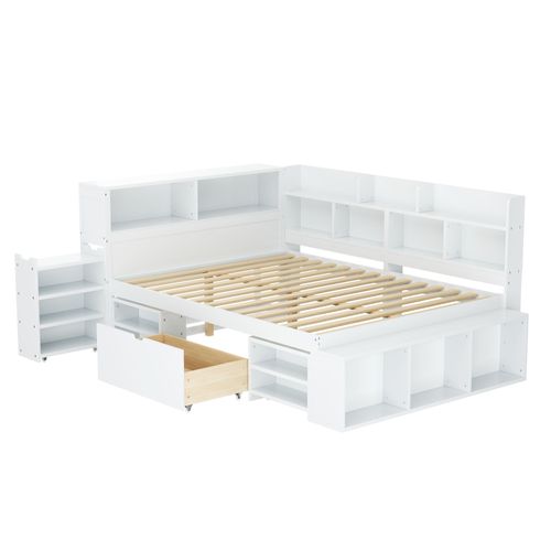 Lit Enfant 140x200 Cm - Lit Avec Rangement Et Bibliothèque, Lit Combiné En Mdf Blanc