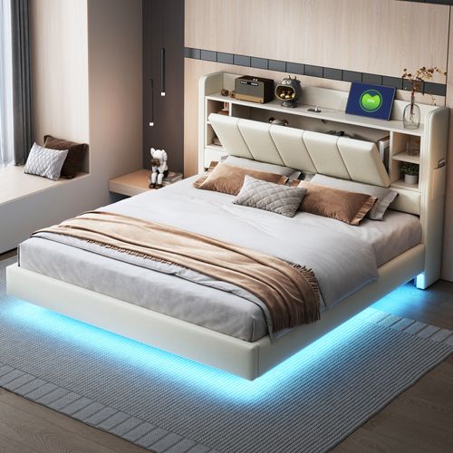 Lit Double 160×200 Cm Avec USB, LED Et Rangement, Tête De Lit Réversible, Lin Beige