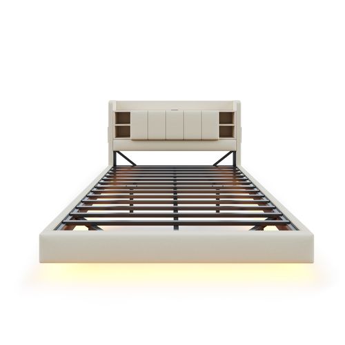 Lit Double 160×200 Cm Avec USB, LED Et Rangement, Tête De Lit Réversible, Lin Beige