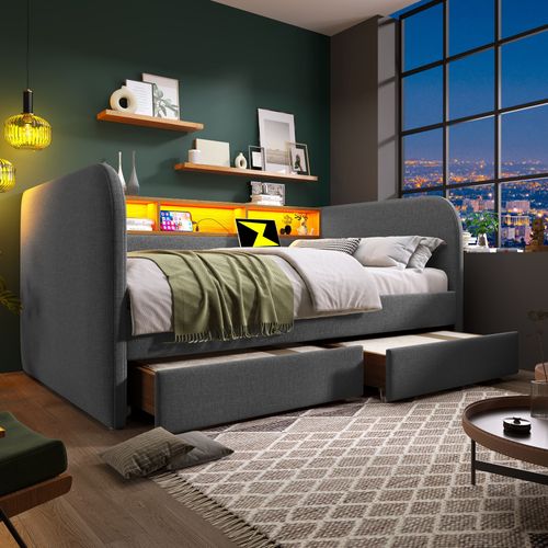 Lit Banquette 140x190 Cm - Lit Ado/enfant Capitonné Avec LED Et Tiroirs - Lin Et Métal - Gris -