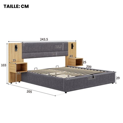 Lit Coffre Double Capitonné 160x200 Cm - Oreilles Larges, 2 Tables De Nuit, Rangement, Velours Gris