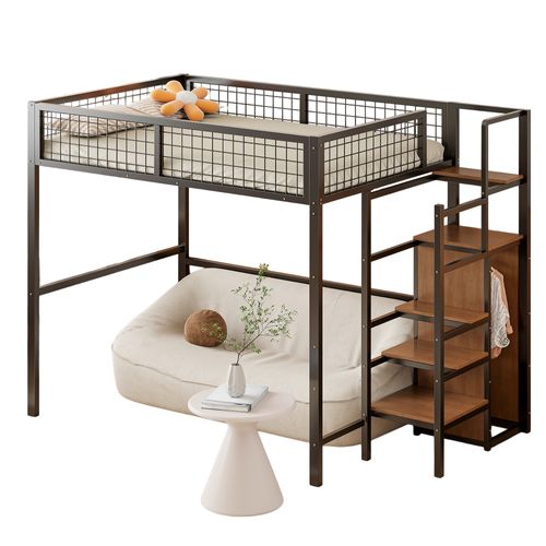 Lit Mezzanine 140x200 Cm, Rangement, Échelle Sécurité, Structure Métal et Mdf, Montage Inclus, Noir