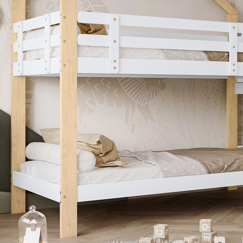 Lit Superposé 90x200 Cm - Toboggan Et Échelle 3 Marches, Cabane Enfant, Bois Massif - Blanc/naturel