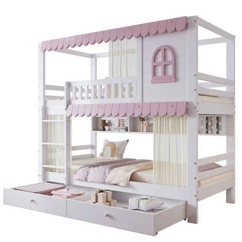 Lit Superposé Enfant 90x200 Cm Cabane, Rideaux, Barrière, 2 Tiroirs, Étagère, Pin+mdf, Blanc/rose