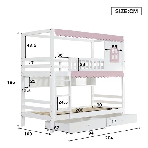 Lit Superposé Enfant 90x200 Cm Cabane, Rideaux, Barrière, 2 Tiroirs, Étagère, Pin+mdf, Blanc/rose