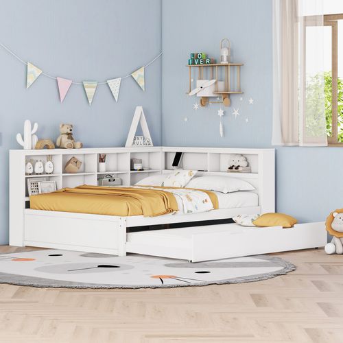 Lit Gigogne 140x200 Cm Avec Lit Tiroir 90x190 Cm, Bois, Rangement, Prise USB,  Multifonction, Blanc