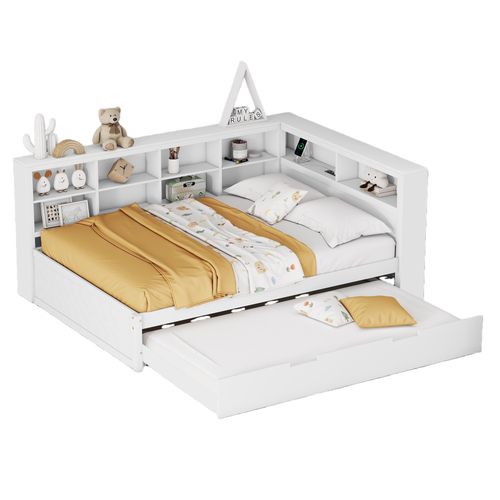 Lit Gigogne 140x200 Cm Avec Lit Tiroir 90x190 Cm, Bois, Rangement, Prise USB,  Multifonction, Blanc