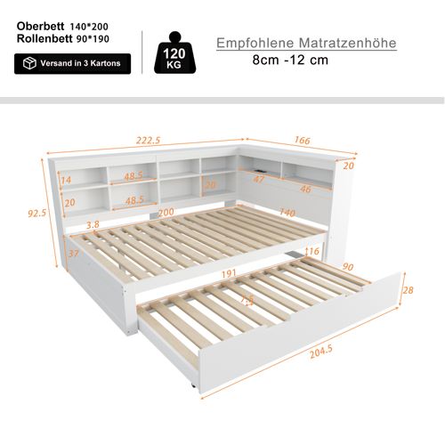 Lit Gigogne 140x200 Cm Avec Lit Tiroir 90x190 Cm, Bois, Rangement, Prise USB,  Multifonction, Blanc