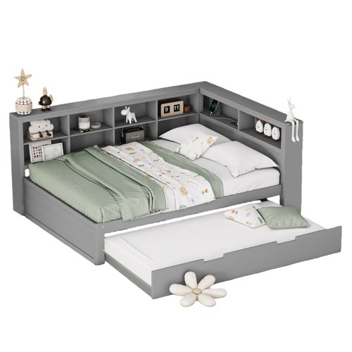 Lit Gigogne 140x200 Cm Avec Lit Tiroir 90x190 Cm, Bois, Rangement, Prise USB,  Multifonction, Gris