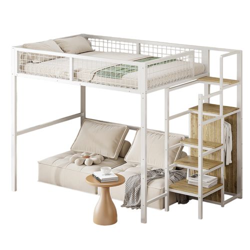 Lit Mezzanine 140x200 Cm, Rangement, Échelle Sécurité, Structure Métal Et Mdf, Montage Inclus, Blanc
