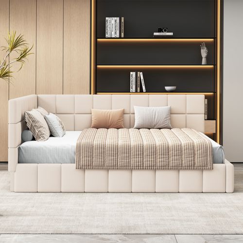 Lit Banquette 160x200 Cm - Lit Double Rembourré Avec Tiroirs Réversibles - Velours Beige