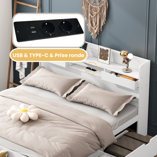 Lit Double 140x200 Cm, Rangement, Tiroirs, Armoire Latérale Et Port USB, Pin Et Contreplaqué, Blanc