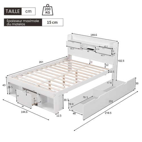 Lit Double 140x200 Cm, Rangement, Tiroirs, Armoire Latérale Et Port USB, Pin Et Contreplaqué, Blanc