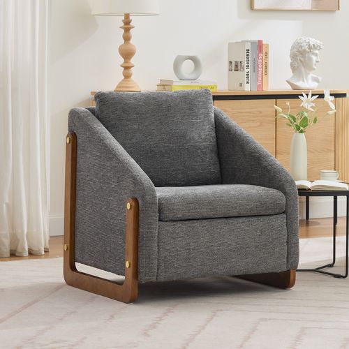 Fauteuil - Fauteuil Moderne Avec Accoudoirs En Bois, Idéal Pour Salon, Chenille Gris
