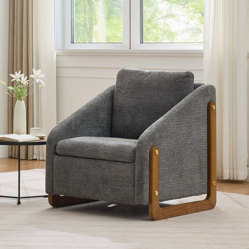 Fauteuil - Fauteuil Moderne Avec Accoudoirs En Bois, Idéal Pour Salon, Chenille Gris