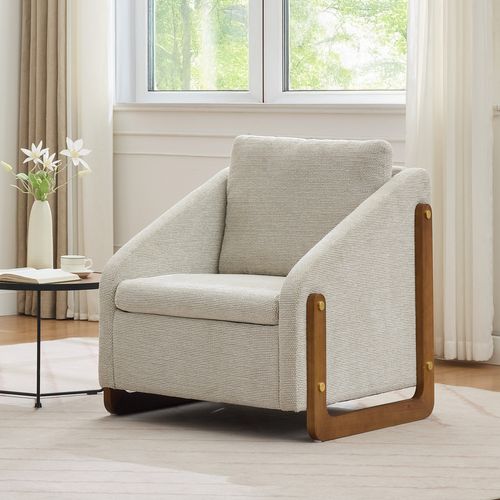 Fauteuil - Fauteuil Moderne Avec Accoudoirs En Bois, Idéal Pour Salon, Chenille Beige