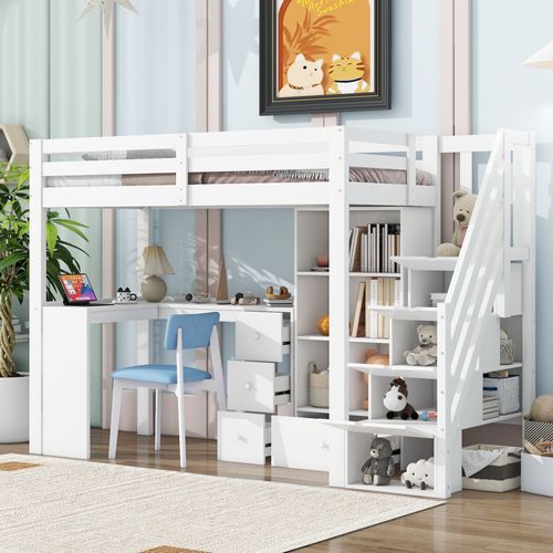 Lit Mezzanine 90x200 Cm Enfant Avec Bureau, Rangement, Échelle Escamotable, Mdf, Blanc