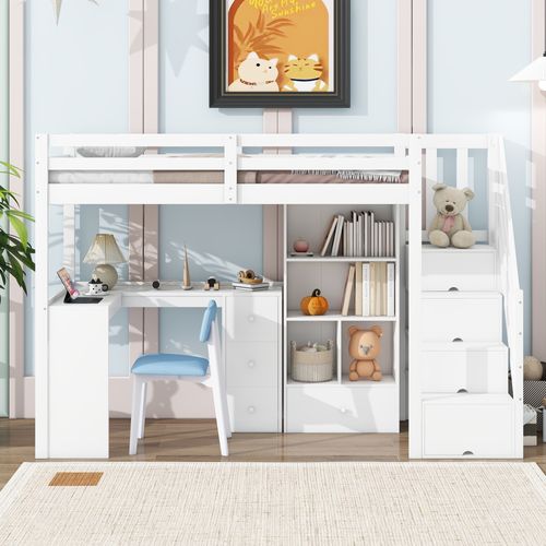 Lit Mezzanine 90x200 Cm Enfant Avec Bureau, Rangement, Échelle Escamotable, Mdf, Blanc