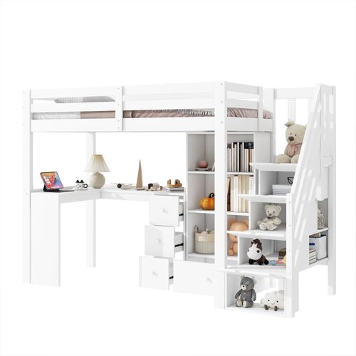 Lit Mezzanine 90x200 Cm Enfant Avec Bureau, Rangement, Échelle Escamotable, Mdf, Blanc