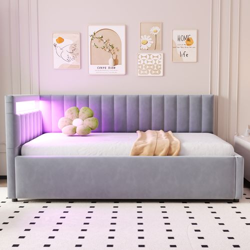 Lit Coffre 90x200 Cm - Lit Banquette, Tête Latérale Ajustable, Éclairage LED, Velours, Gris Clair