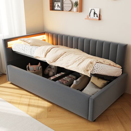 Lit Coffre 90x200 Cm - Lit Banquette, Tête Latérale Ajustable, Éclairage LED, Velours, Gris