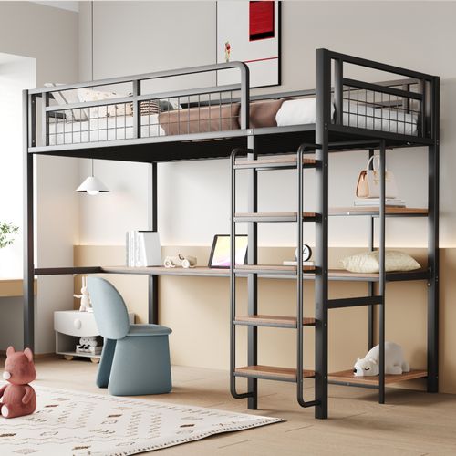 Lit Mezzanine Enfant 90x200 Cm En Métal Avec Bureau, Étagères Et Échelle De Sécurité, Noir
