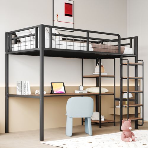 Lit Mezzanine Enfant 90x200 Cm En Métal Avec Bureau, Étagères Et Échelle De Sécurité, Noir