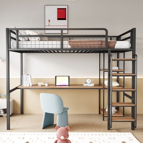 Lit Mezzanine Enfant 90x200 Cm En Métal Avec Bureau, Étagères Et Échelle De Sécurité, Noir