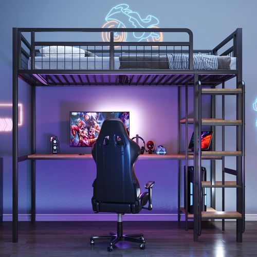 Lit Mezzanine Enfant 90x200 Cm En Métal Avec Bureau, Étagères Et Échelle De Sécurité, Noir