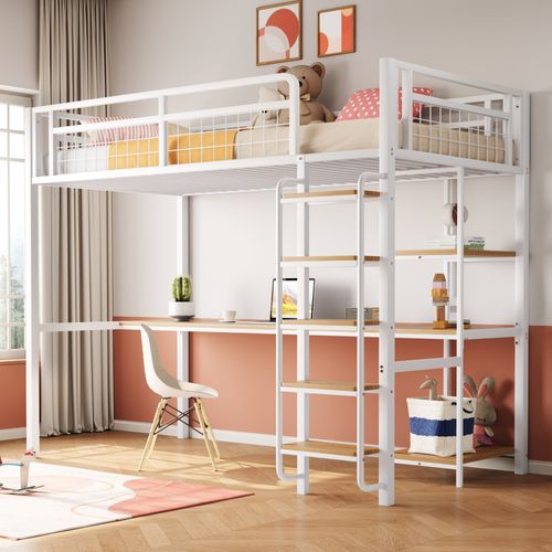 Lit Mezzanine Enfant 90x200 Cm En Métal Avec Bureau, Étagères Et Échelle De Sécurité, Blanc