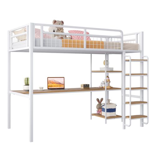 Lit Mezzanine Enfant 90x200 Cm En Métal Avec Bureau, Étagères Et Échelle De Sécurité, Blanc
