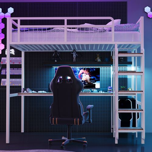 Lit Mezzanine Enfant 90x200 Cm En Métal Avec Bureau, Étagères Et Échelle De Sécurité, Blanc