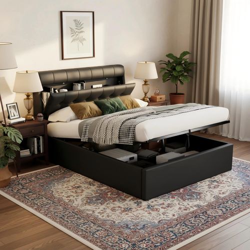 Lit Coffre 140x200 Cm - Lit Double Capitonné Avec Tête De Lit Et Rangement Caché - Pu - Noir