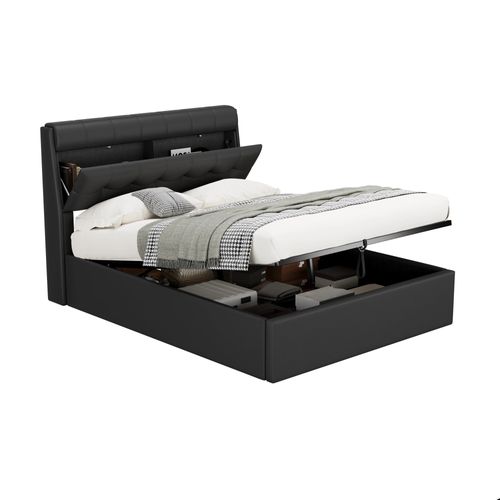 Lit Coffre 140x200 Cm - Lit Double Capitonné Avec Tête De Lit Et Rangement Caché - Pu - Noir