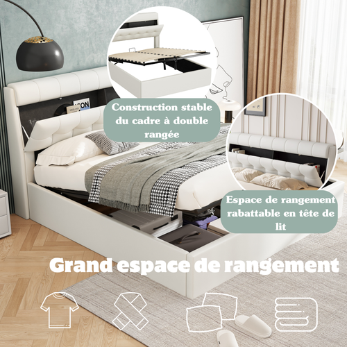 Lit Coffre 140x200 Cm - Lit Double Capitonné Avec Tête De Lit Et Rangement Caché - Pu - Blanc