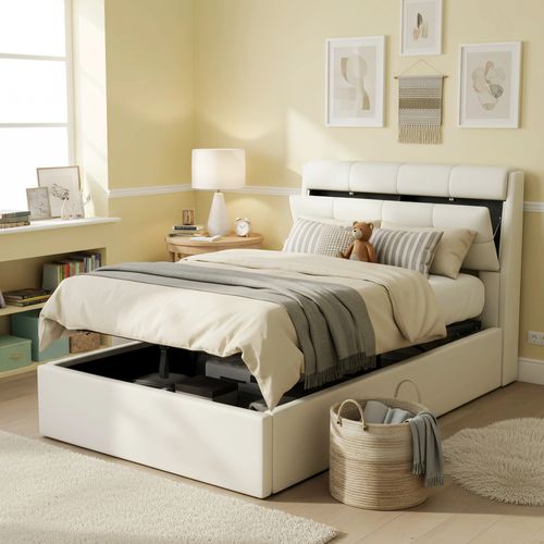 Lit Coffre 90x200 Cm - Lit Simple Capitonné Avec Tête De Lit Et Rangement Caché - Pu - Blanc