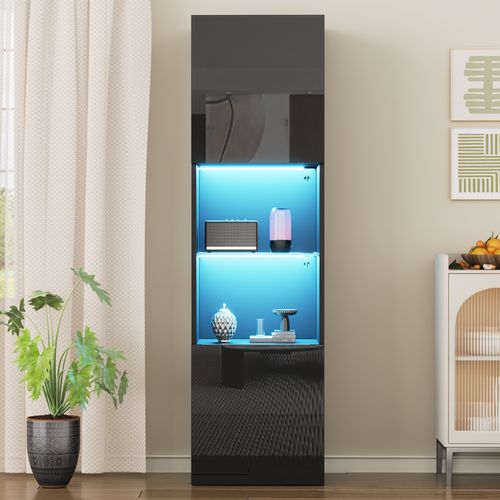 Vitrine Avec Éclairage LED Et Portes - Meuble De Rangement Pour Salon, 1 Étagère En Verre, Noir