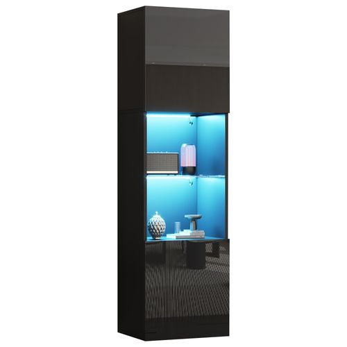 Vitrine Avec Éclairage LED Et Portes - Meuble De Rangement Pour Salon, 1 Étagère En Verre, Noir