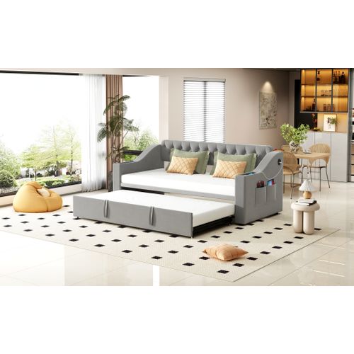 Lit Gigogne 90x190 Cm, Multifonction Avec Port USB, Accoudoirs Avec Rangement, Velours Gris