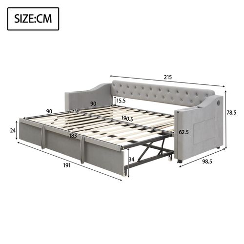 Lit Gigogne 90x190 Cm, Multifonction Avec Port USB, Accoudoirs Avec Rangement, Velours Gris