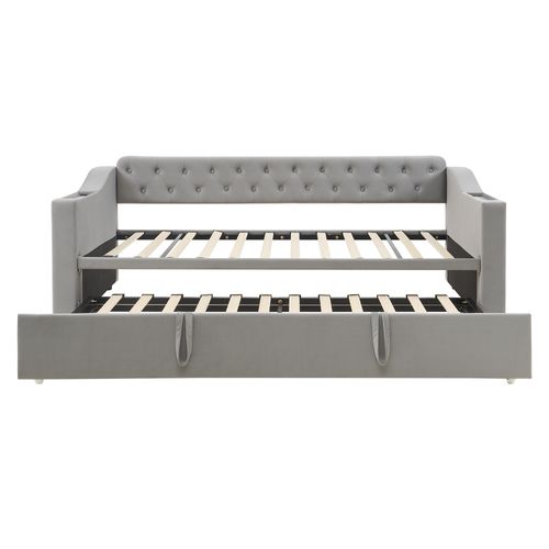 Lit Gigogne 90x190 Cm, Multifonction Avec Port USB, Accoudoirs Avec Rangement, Velours Gris