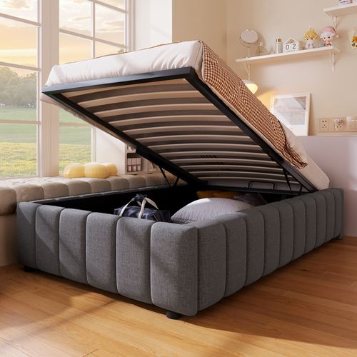 Lit Coffre 90x200 Cm - Lit Simple 1 Place Avec Coffre De Rangement Hydraulique - Lin + Mdf - Gris