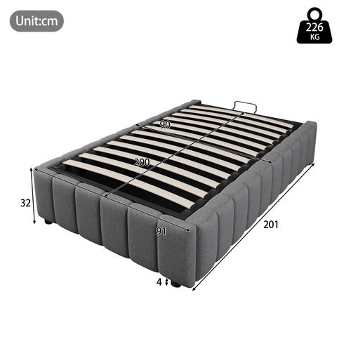 Lit Coffre 90x200 Cm - Lit Simple 1 Place Avec Coffre De Rangement Hydraulique - Lin + Mdf - Gris