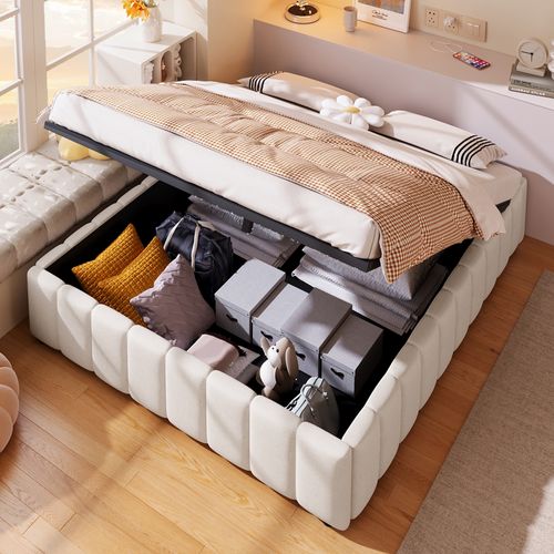 Lit Coffre 140x200 Cm - Lit Double Avec Coffre De Rangement Hydraulique - Lin + Mdf - Beige