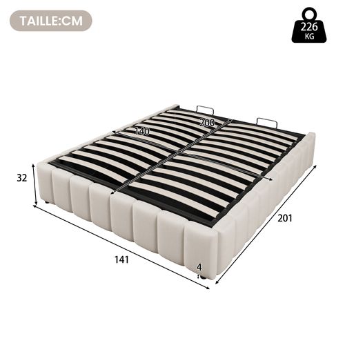 Lit Coffre 140x200 Cm - Lit Double Avec Coffre De Rangement Hydraulique - Lin + Mdf - Beige