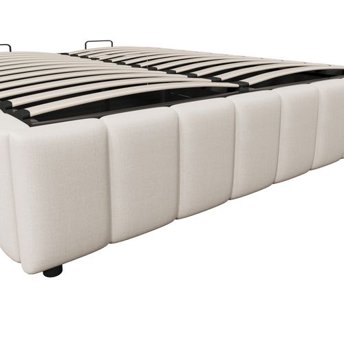 Lit Coffre 140x200 Cm - Lit Double Avec Coffre De Rangement Hydraulique - Lin + Mdf - Beige